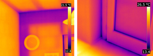 玻璃和框架连接处的结构热桥和窗户热桥热成像图示例